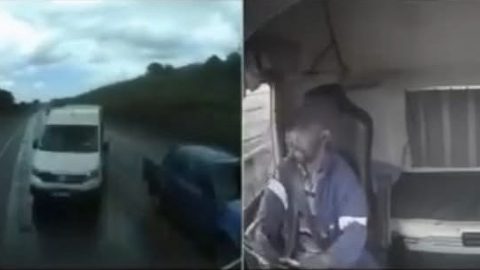 Dashcam footage captures minibus taxi colliding with log truck on N2 near Mtubatuba after swerving across road